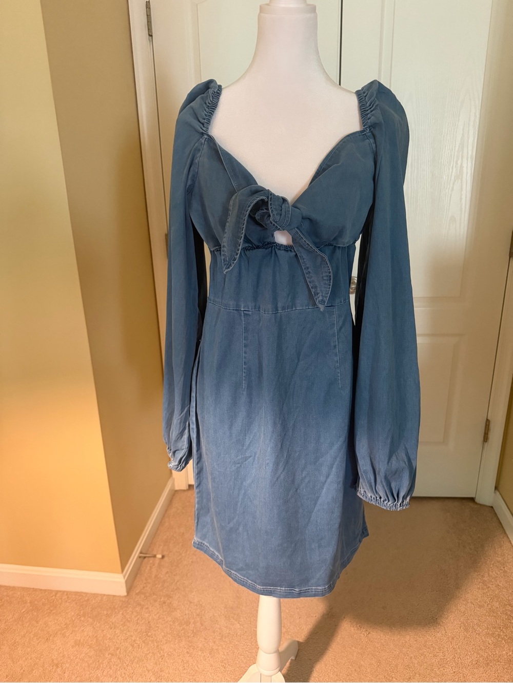 Fashion Nova Dusty light blue jean off the shoulder tie bow-Front Dress